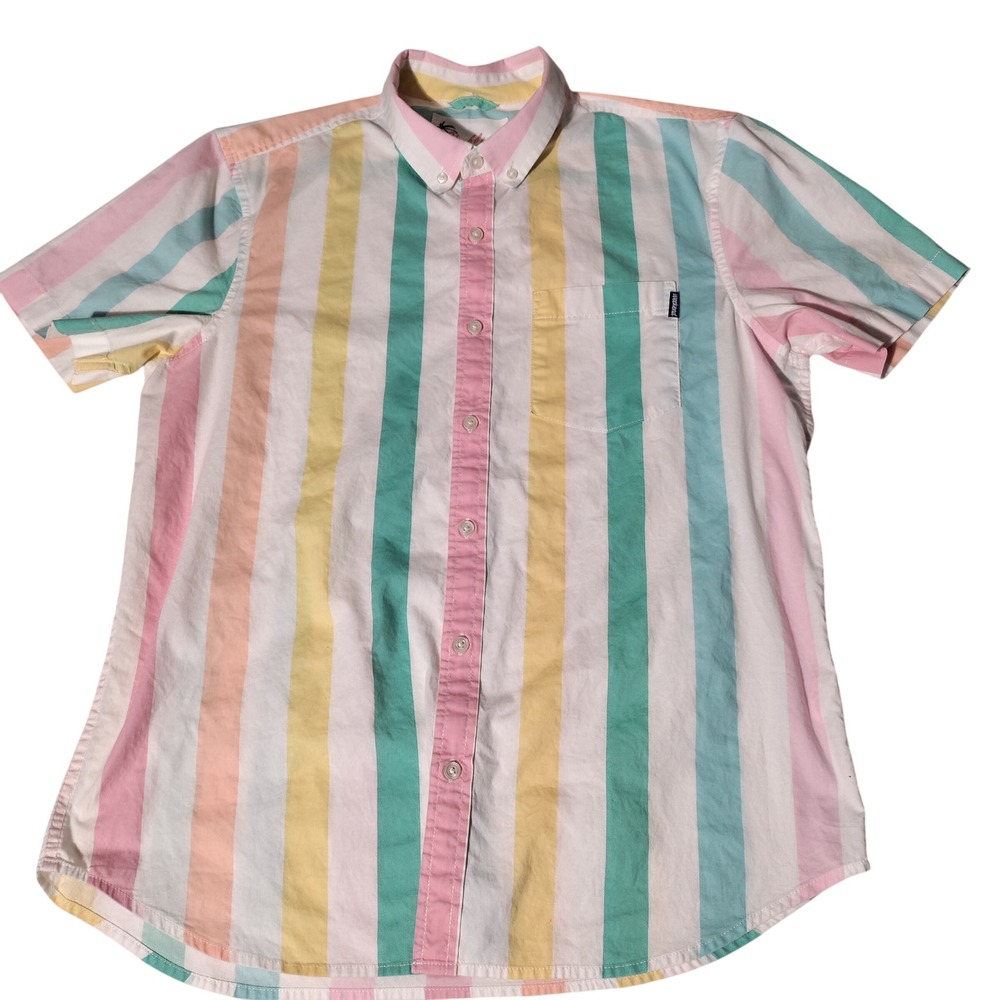 Chubbies Mens Large Button Down Shirt Pastel Vertical Stripe Pink - Imperfect